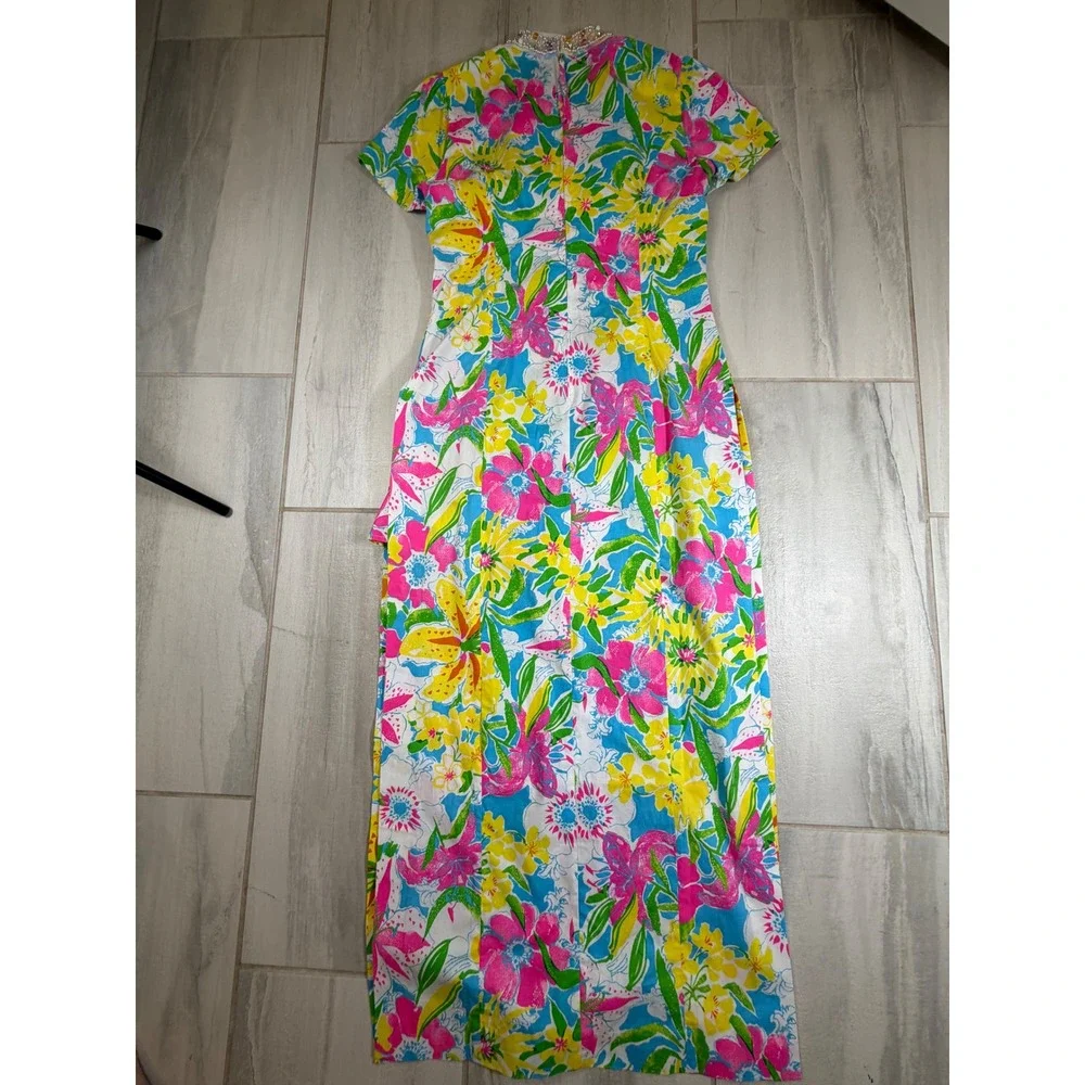 Lilly Pulitzer Floral Beaded Maxi Dress Pink Yellow Blue Short Sleeve Size 6